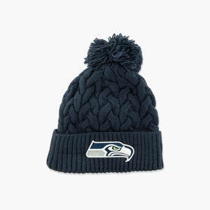 Seattle Seahawks Womens Navy Cable Knit Cuff Pom Beanie