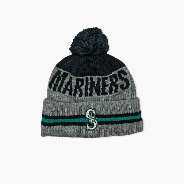 Seattle Mariners Grey Stripe Cuff Pom Beanie