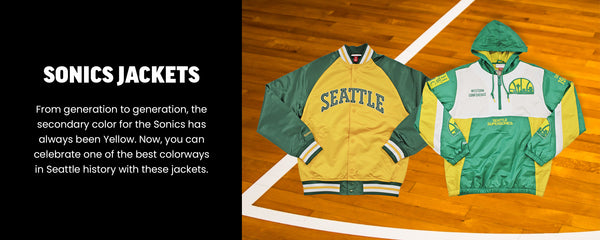 SONICS JACKETS
From generation to generation, the secondary color for the Sonics has always been Yellow. Now, you can celebrate one of the best colorways in Seattle history with these jackets.