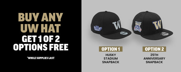 Buy Any UW Hat Get 1 of 2 Options Free - While Supplies Last - Option 1: Just Stadium Snapback - Option2: 25th Anniversary Snapback. Shop Huskies Headwear