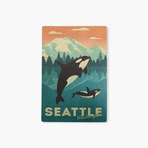 Seattle Orca Whale & Calf Freestyle Wooden Postcard